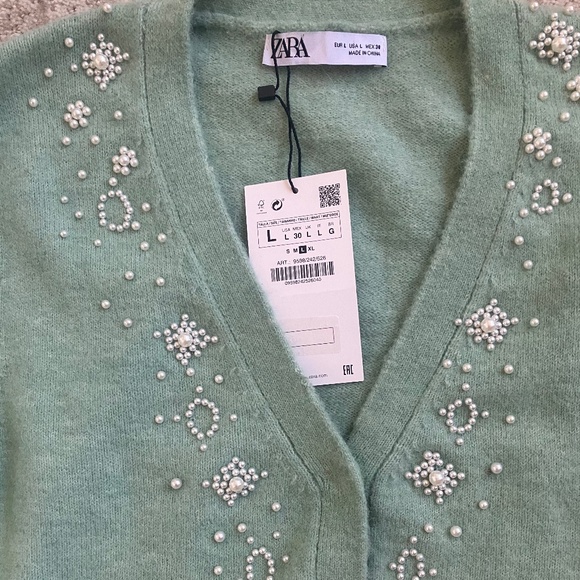 Zara Cardigan Sweater: Mint Green with Pearls; Size Large New with Tags - Picture 4 of 8